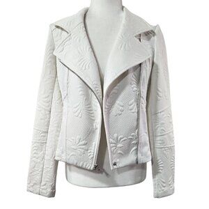 Express Ivory Cream Floral Embossed Moto Zip Cropped Jacket Unique Preppy
